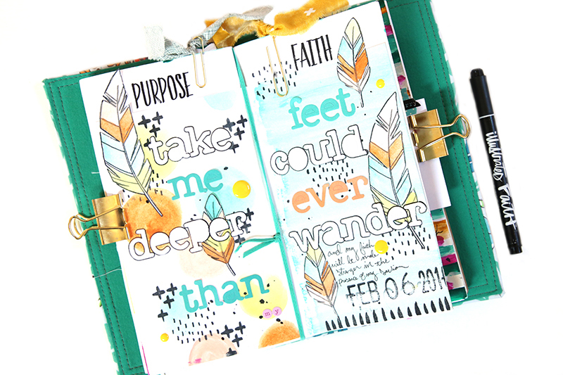 a mixed media art journal page inspired by the lyrics to Hillsong's Ocean using Illustrated Faith stamps and watercolors by Gina Liberos